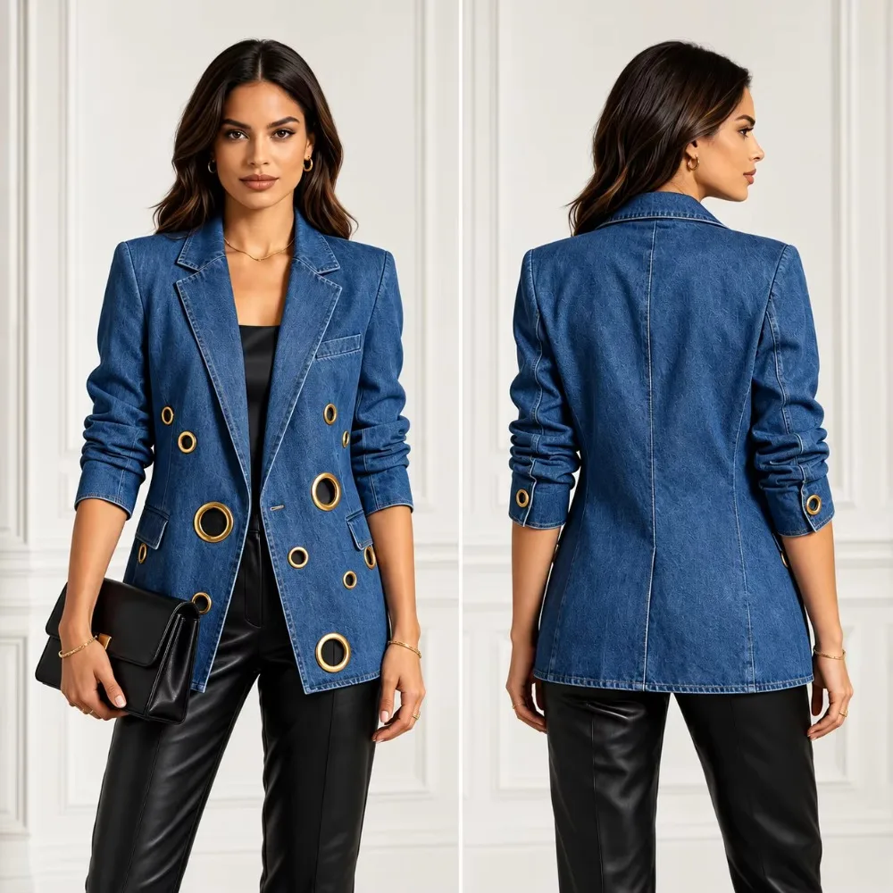 Fashion Denim Blazer Jacket Women Metal Grommet Hollow Out Jeans Coat Streetwear Slim Mid-Long Blazer Female Vestidos 2026