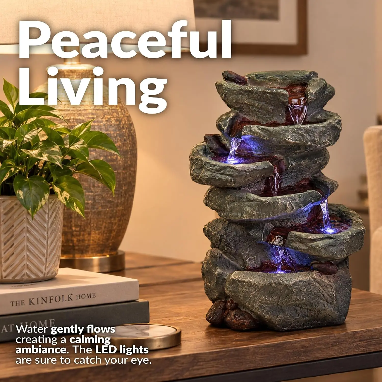 15-Inch 6-Tier Tabletop Water Fountain with LED Lights, Stone Waterfall Design