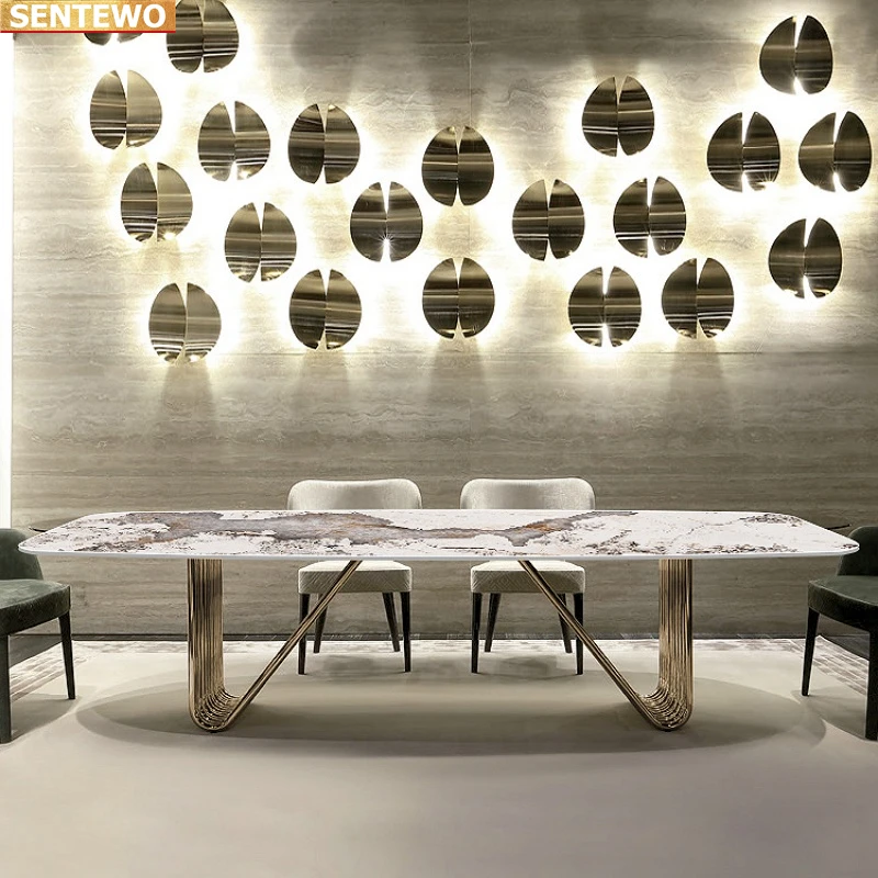 Designer Luxury kitchen room Marble Rock Slab dining table set 4 chairs mesa de jantar tablo furniture Stainless steel gold base