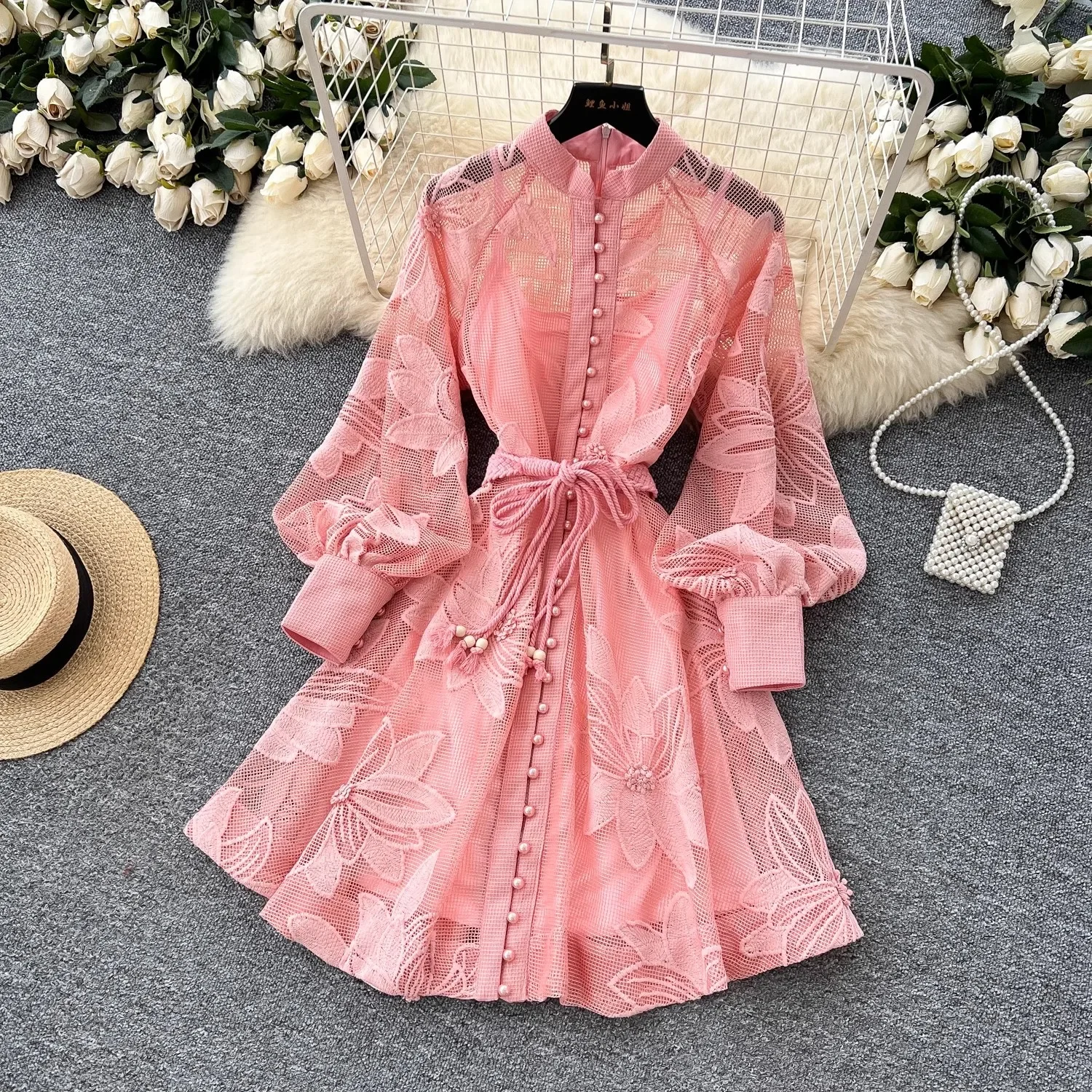 2025 French High-End Elegant Hollow Out Flower Crochet Lace Embroidery Dress Women Vintage Lantern Sleeve Sashes A Line Dress