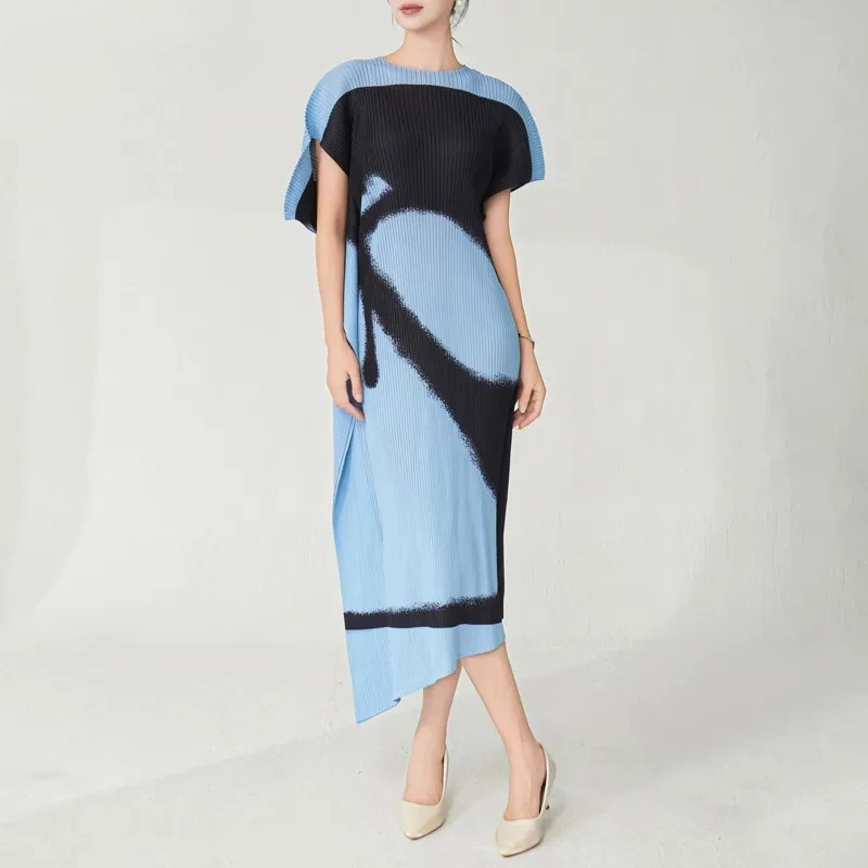

ALSEY 2025 Summer New Wave Women's Round Neck Irregular Short Sleeve Fashion Casual Dresses Miyake Loose Printed Pleated Dress