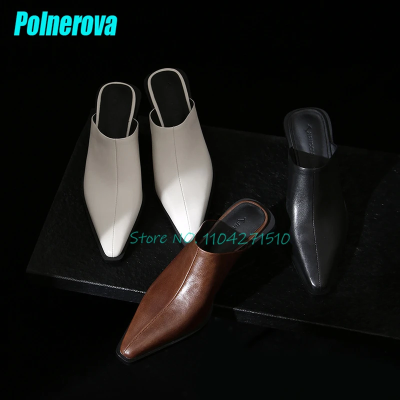 Spring Summer New High Heels Half Slippers for Women Pointed Toe Wedge Genuine Leather Slip-On Mules Retro Female Dress Shoes