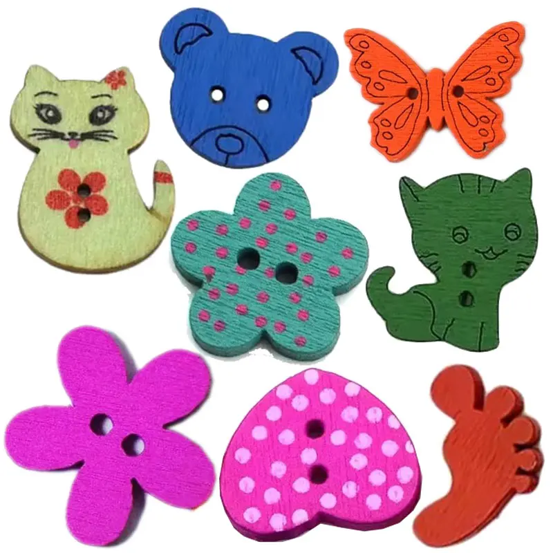 50PCS 15MM-40MM Cartoon Bear Cat Retro Printing Colorful Wooden Buttons Fit for Sewing and Scrapbooking DIY Craft Vintage Button