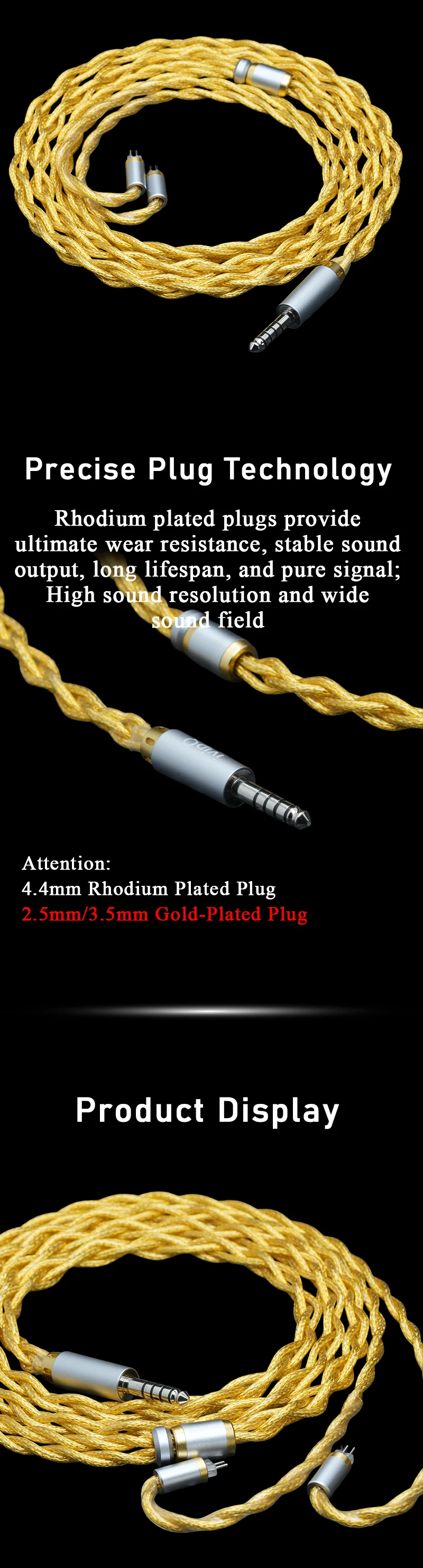IvipQ-05 Huang Long 22AWG 8N OCC+8N OCC vergoldeter, abgeschirmter In-Ear-IEM-Kabel mit rhodiumbeschichtetem 4,4 mm/0,78 mm 2-Pin-Audiokabel – Detail 5