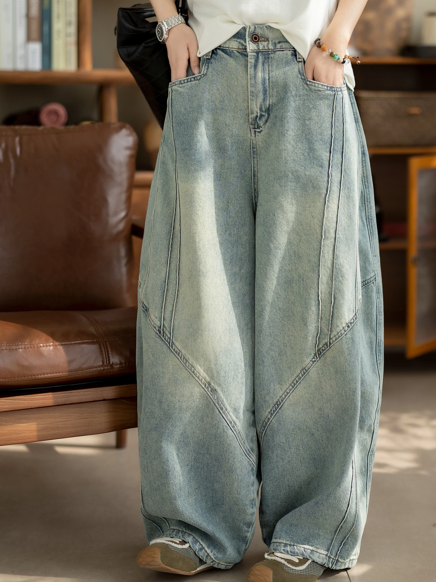 

Женские свободные джинсы с широкими штанинами, весна-осень, новые, с декоративными вставками, синие, прямые, с высокой талией, художественные, хлопковые брюки для женщин