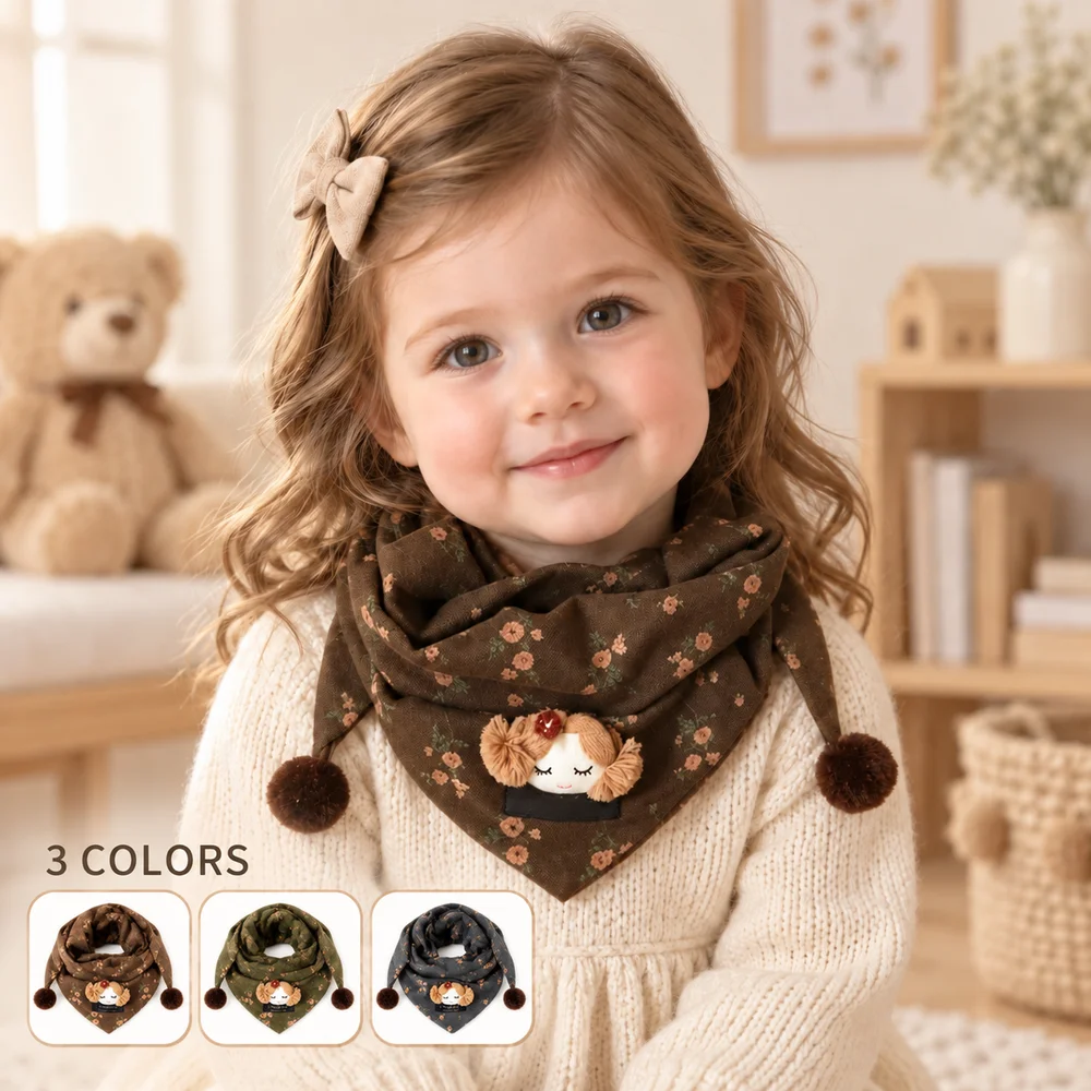 Baby Girls Triangle Scarf Bib Floral Print Pom Pom Neck Warmer Toddler Bandana Shawl with Cute Doll Applique