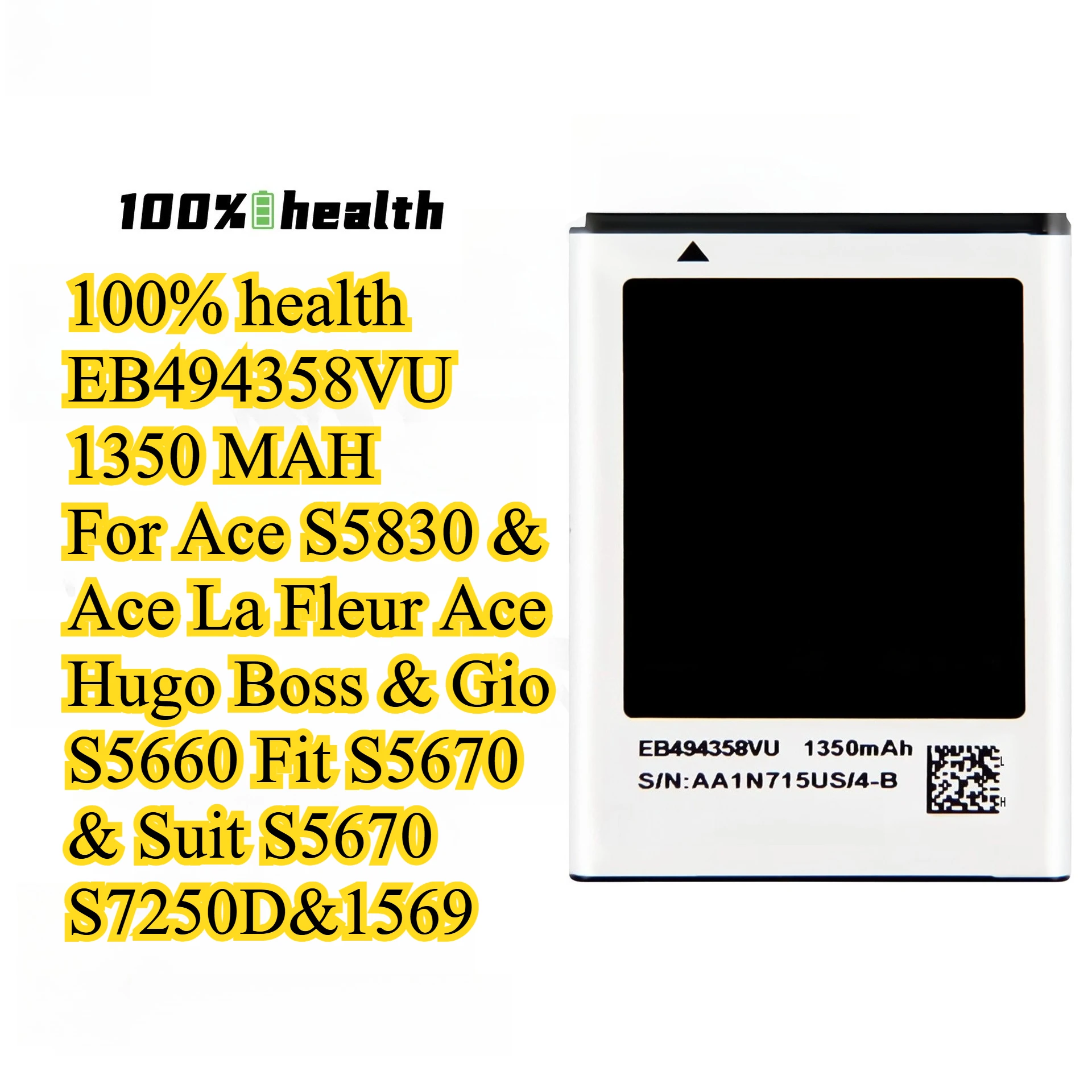 

1350mAh Battery for Samsung Galaxy Ace S5830 Galaxy Gio S5660 Galaxy Fit S5670 Replacement EB494358VU Li-ion Battery