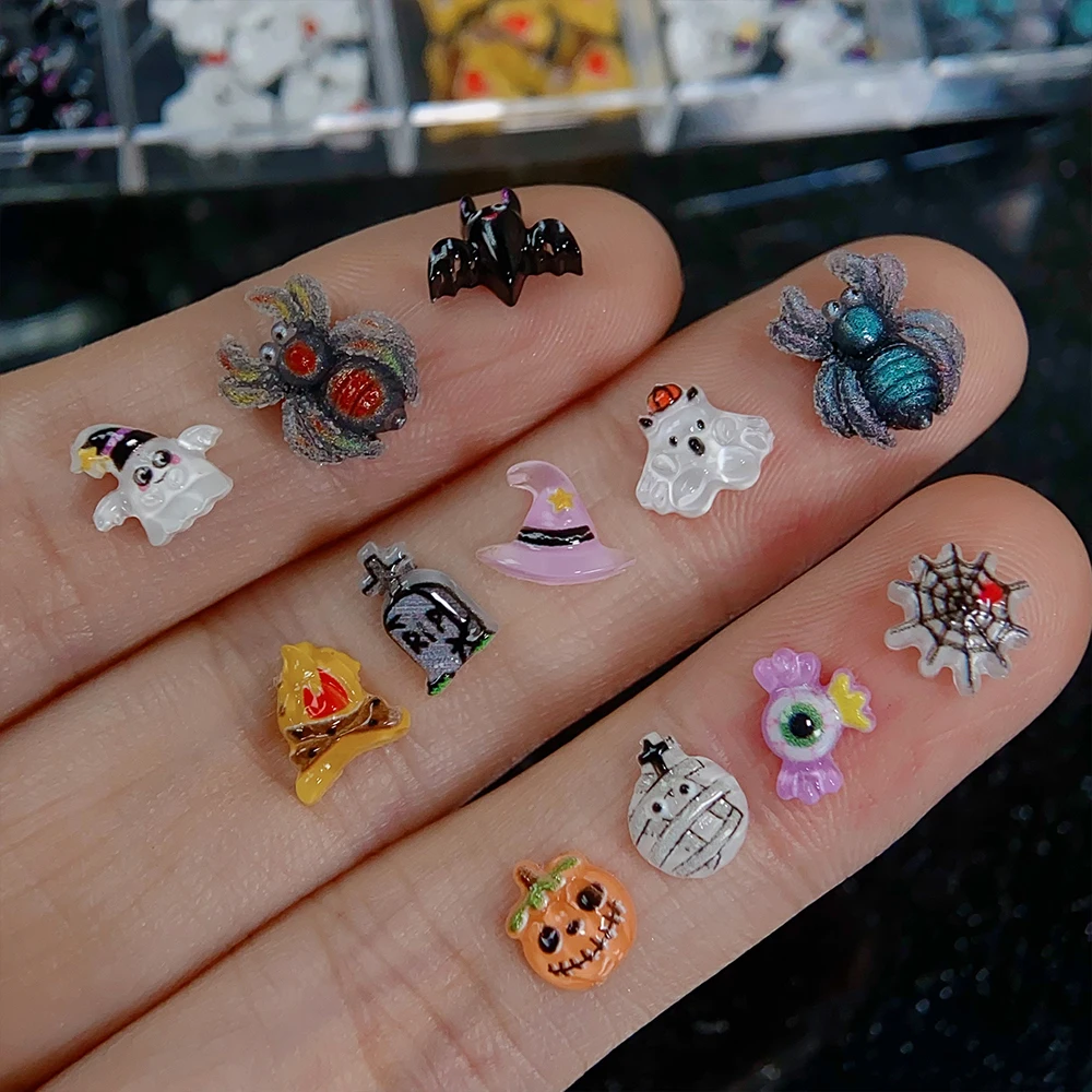 Breloques pour Nail Art fantôme d'halloween, 60 pièces, résine 3D, chauve-souris, araignée maléfique, citrouille, momie, strass pour ongles, fournitures de manucure Happy Halloween