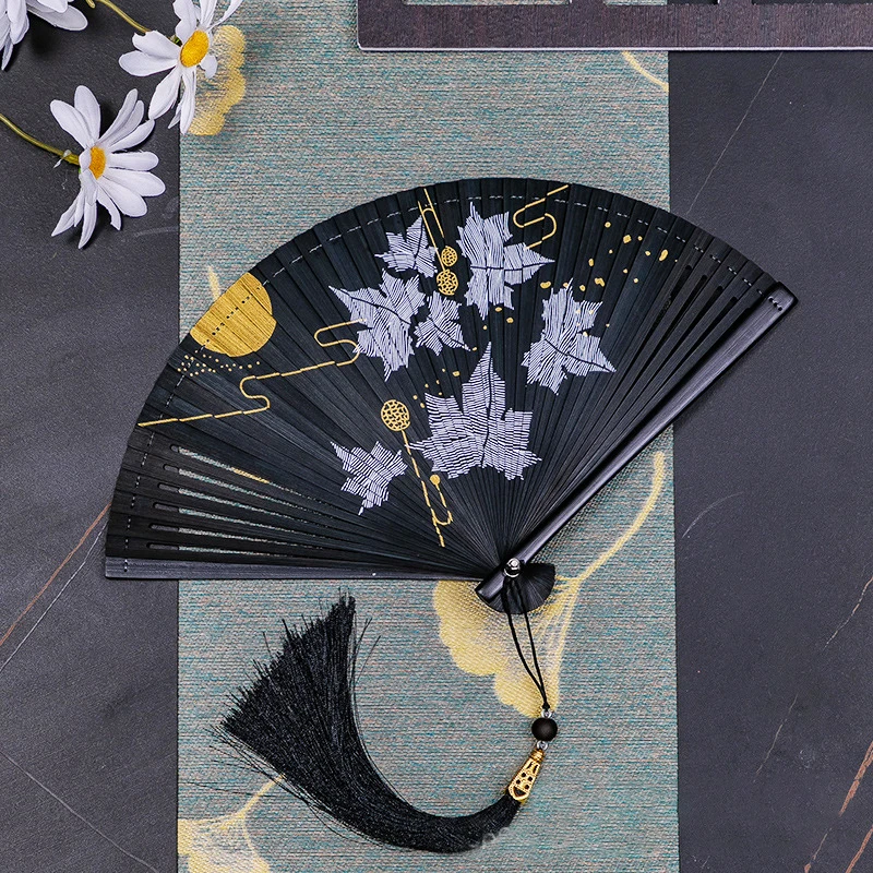 All Bamboo Classical Fan Women Japanese Ancient Classical Black Folding Fan Hanfu Dance Fan Portable Bamboo Fan