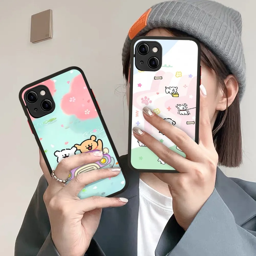 

Line Cute Puppy Phone Case for iPhone 14 11 12 13 Mini Pro Max 8 7 Plus X XR XS MAX Translucent Matte Cover