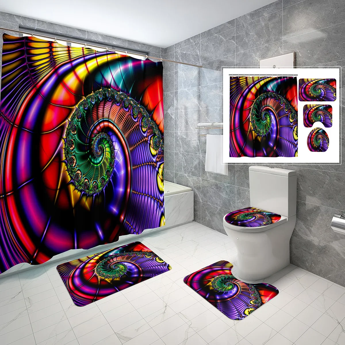 Abstract Art Shower Curtain Set Modern Geometry 4 Pcs Shower Curtain Bathroom Non-Slip Bath Mat Toilet Cover Curtain Set