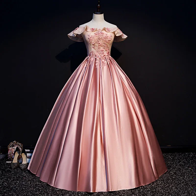 

Luxury Appliques Formal Evening Dress Boat Neck Flower Wedding Party Guest Dresses Exquisite Prom Ball Gown Pink Vestidos