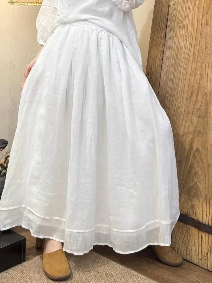Cotton Linen A-Line Midi Skirt Women's Summer New Style Retro Casual Versatile Flax A-Line Skirt Mid-Length Sweet Style