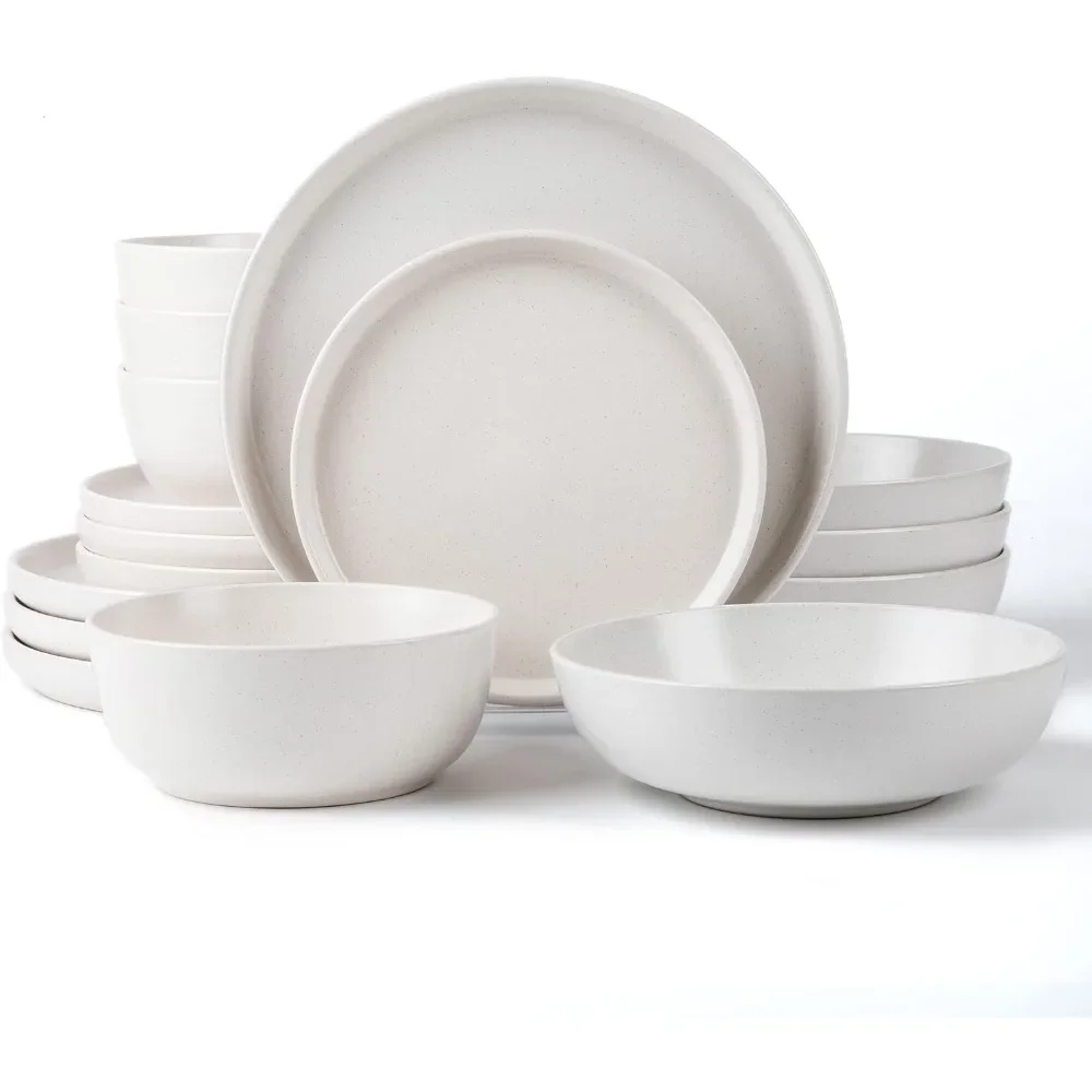 Round Stoneware 16pc Double Bowl Dinnerware Set for 4, Dinner and Side Plates, Cereal and Pasta Bowls