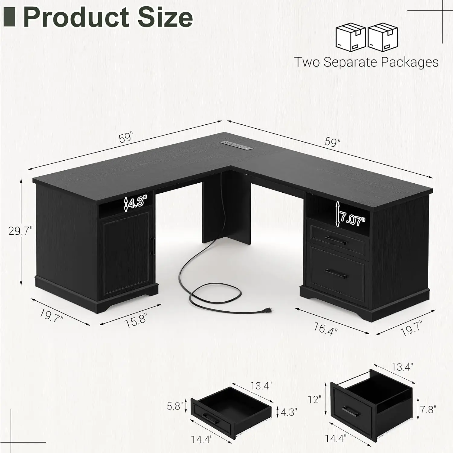 L Shaped Executive Desk With File Drawers & Power Outlets, 60