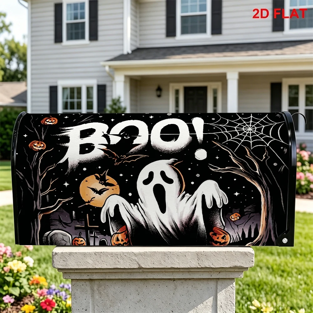 Halloween Mailbox Cover, Ghost Pumpkin Bat Print, Haunted House Graveyard Moonlit Theme