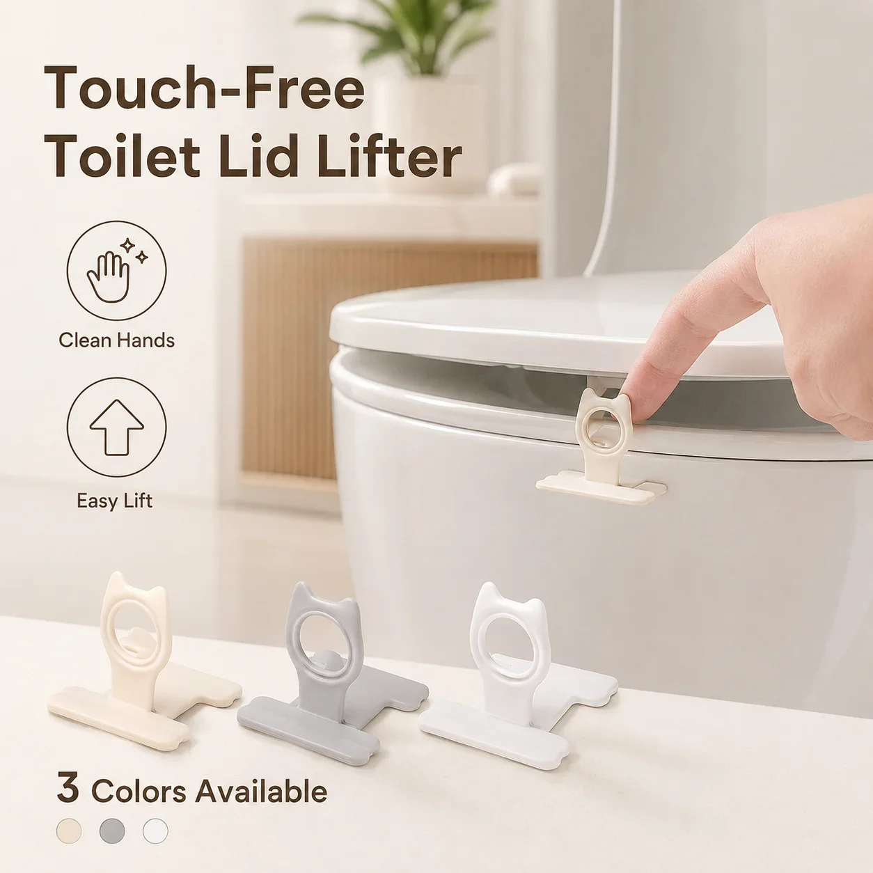 Kawaii Toilet Lid Opener with Strong Adhesive, Hygienic Hands-Free Seat Lifter, Durable and Portable