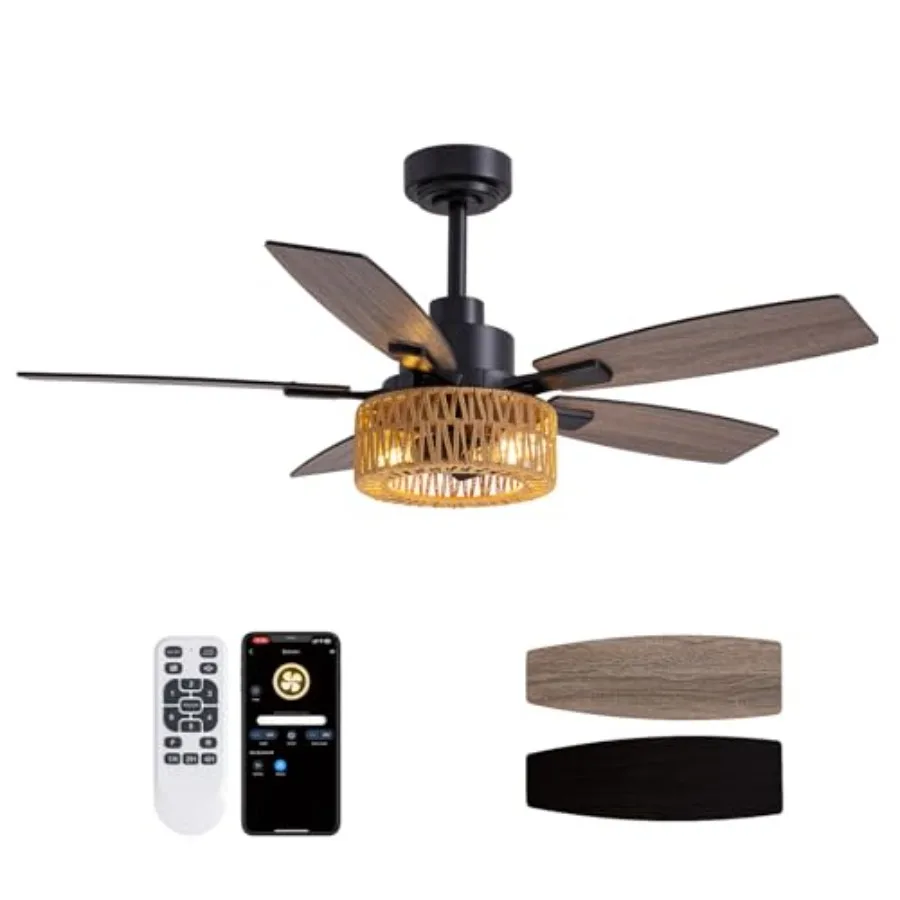 

46 Inch Boho Black Rattan Ceiling Fan with Light and Remote Control for Dining Room Bedroom Living Room Patio Indoor Outdoor