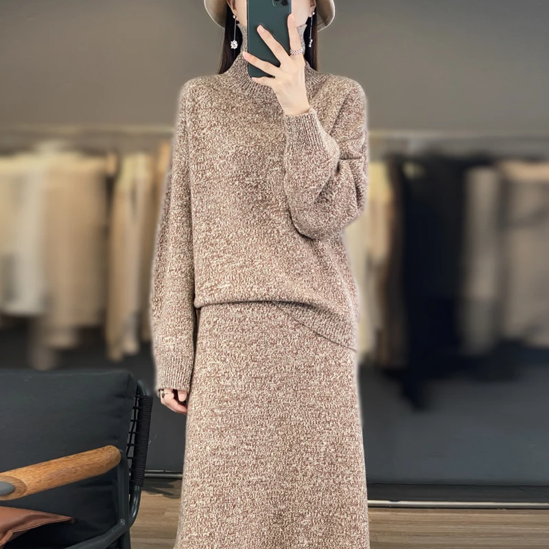 Cashmere Turtleneck Sweater and Skirt Suit, Floral Yarn Knitted Long Skirt, 2-Piece Suit, 100%