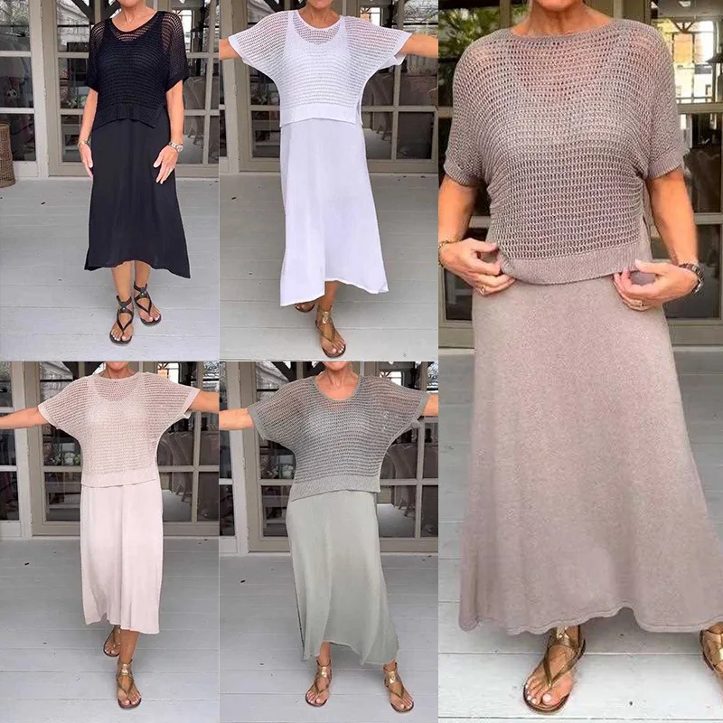 

Women's Dress Suit New Hollow Knitted Dress Suit Solid Color Grid See-through Round Neck Sweater Dress Suit