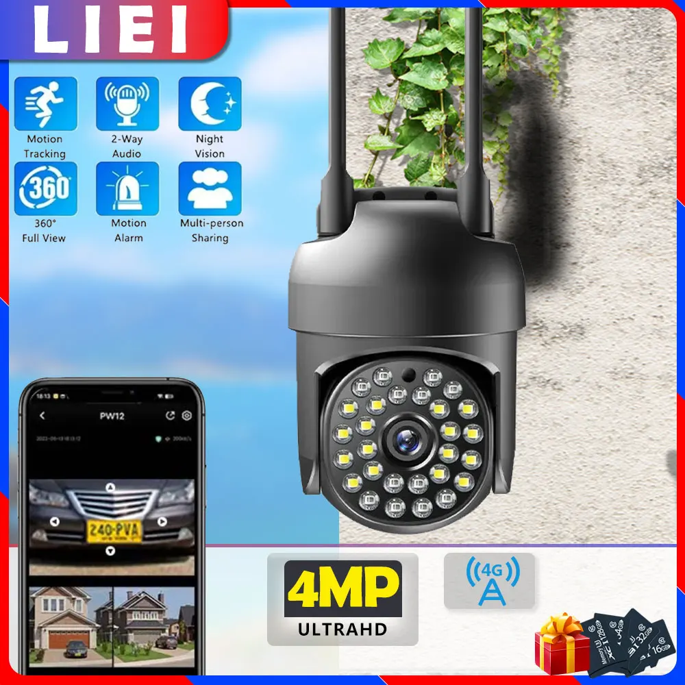 

LIEI PTZ IP 360 Dual Lens Cameras 4G Surveillance Camera 4MP Wireless Outdoor Security AI Human Detect Digital CCTV Camera 128G