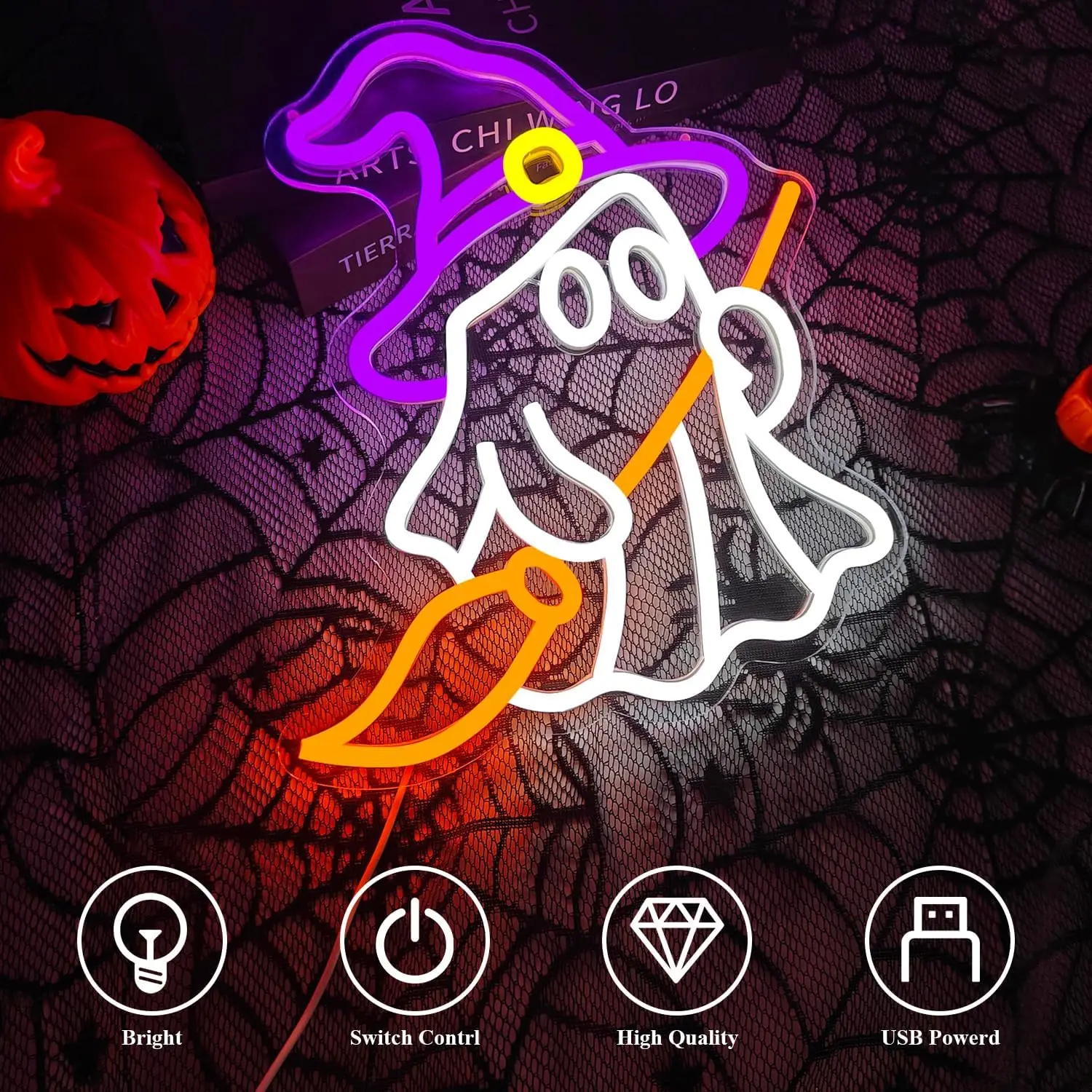 Ghost Witch Hat Neon Sign LED Light, Halloween Wall Neon Light Decor, Holiday Party Bedroom Bar Window Art Decoration Gift
