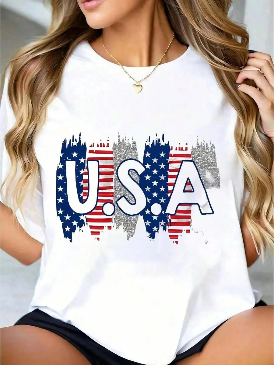 Women Crewneck Short Sleeve White T Shirt USA Flag Letter Graphic Print Casual Cotton Medium Stretch Regular Fit Trendy Outfit Top