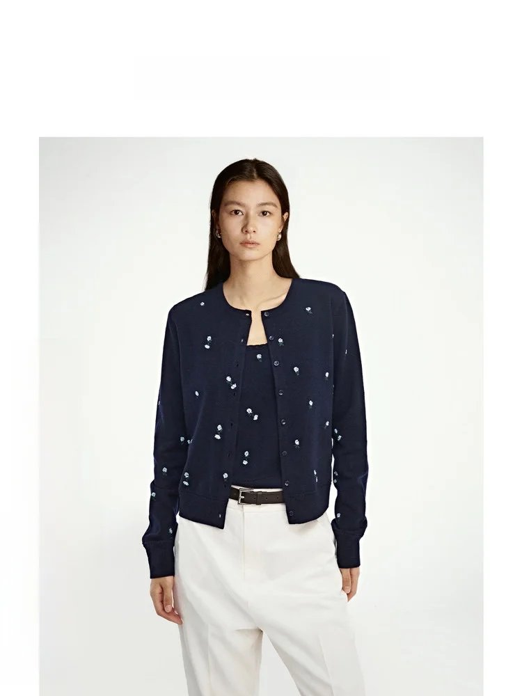 

ZhiZhi Full Wool Knitted round Ne Cardigan Embroidered Print Bling Bling Women's Spring New Sle Casual Comfortable Sweater