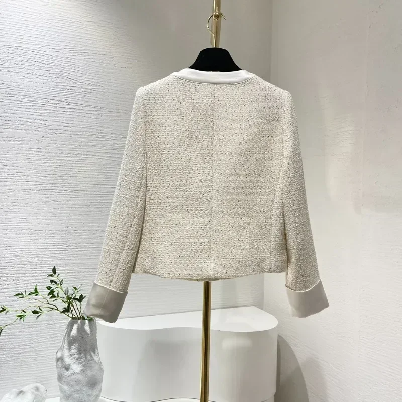 Beige Round Neck Elegant Fashion Women Holiday Daily  Cute Top Quality Sequined Sleeve Tweed Jacket New Arrivals 2024