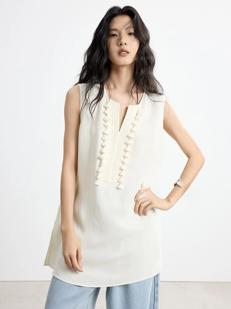 

Женский топ Ele mat Long Vest без рукавов с круглым вырезом, бахромой и вышивкой, легкий, в французском стиле