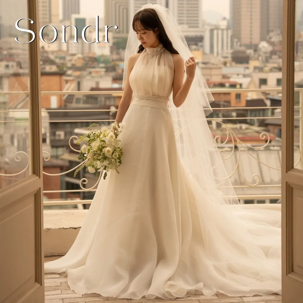 

Sondr Customized O-Neck Sleeveless Korean Wedding Dresses with Pearls Silk Organza Long Train Bridal Gown Evening Prom Dresses