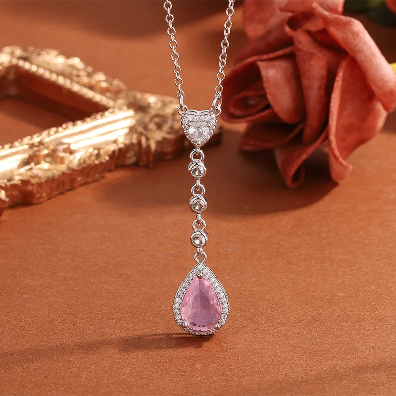 

Women's Pink Zircon Teardrop Necklace, Heart & Crystal Accent, Sparkling for Party/Birthday Gift