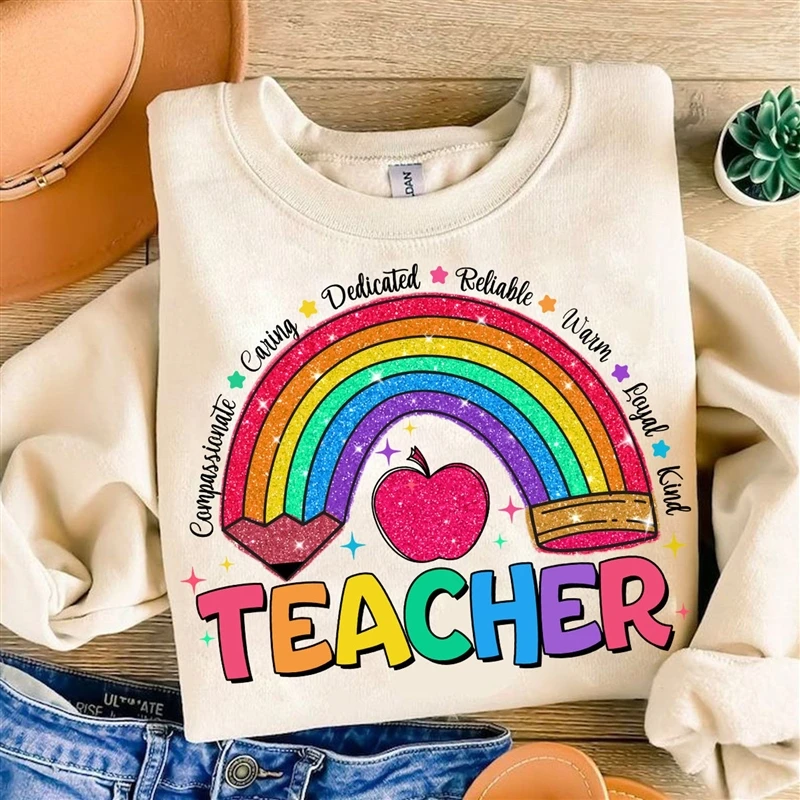 Teacher Rainbow Pencil Hoodless Sweatshirts Fashion Women's Clothing Casual Long-sleeved Winter Autumn Pullovers Round Neck Tops