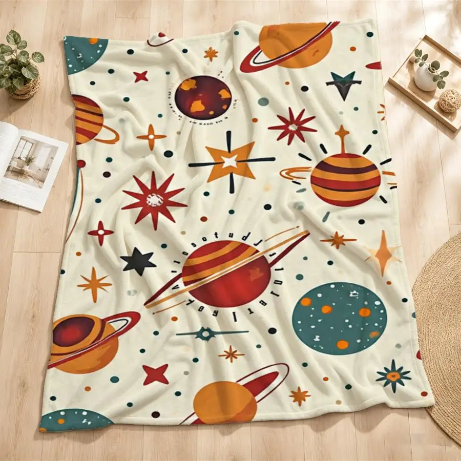 Retro-Futuristic Cosmic Weighted Throw Blanket - Soft Flannel Suitable for Couch, Bed, Travel | Stylized Planets & Stars | Machine Washable Warm Bedspread for &, Decor Gift | - Cozy Blanket, 2D Flat