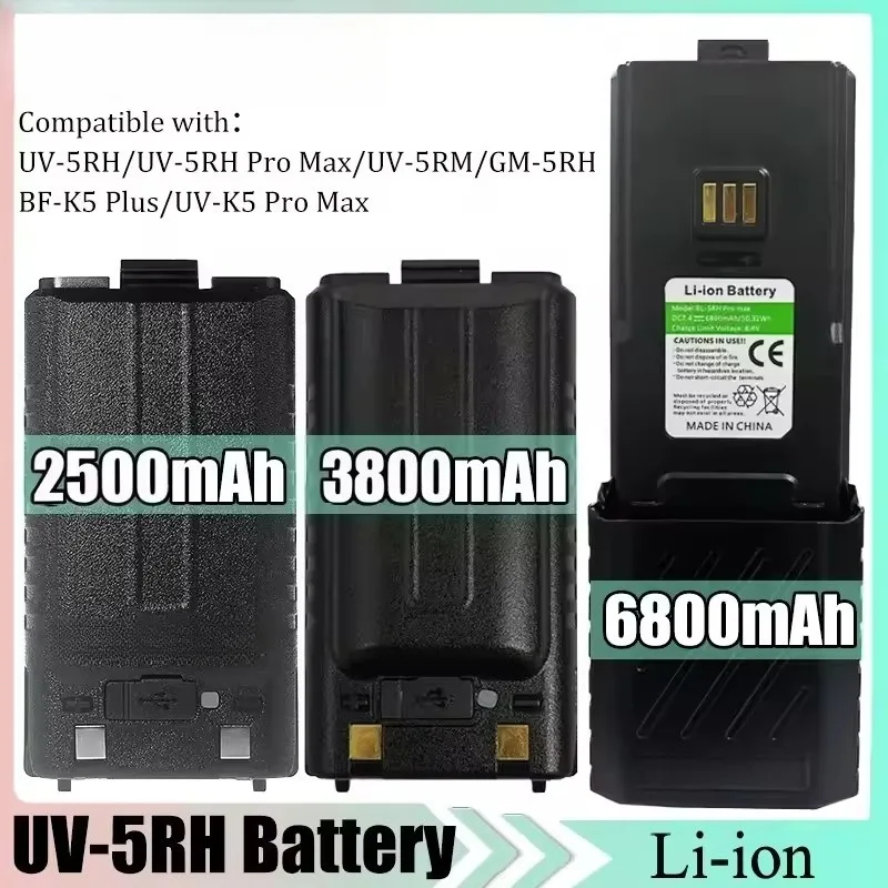 Newly UV-5RH 2500/3800/6800mAh Walklie Talkie Battery for Baofeng UV/AR-5RM GM-5RH BF-K5 Plus UV-5G Plus TYPE-C Charging Port