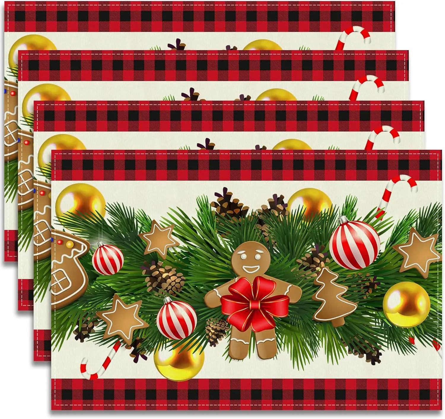 Christmas Decorations,Christmas Placemats Set of 4,12x18In Linen Red Black Buffalo Plaid Xmas Table Runner Winter