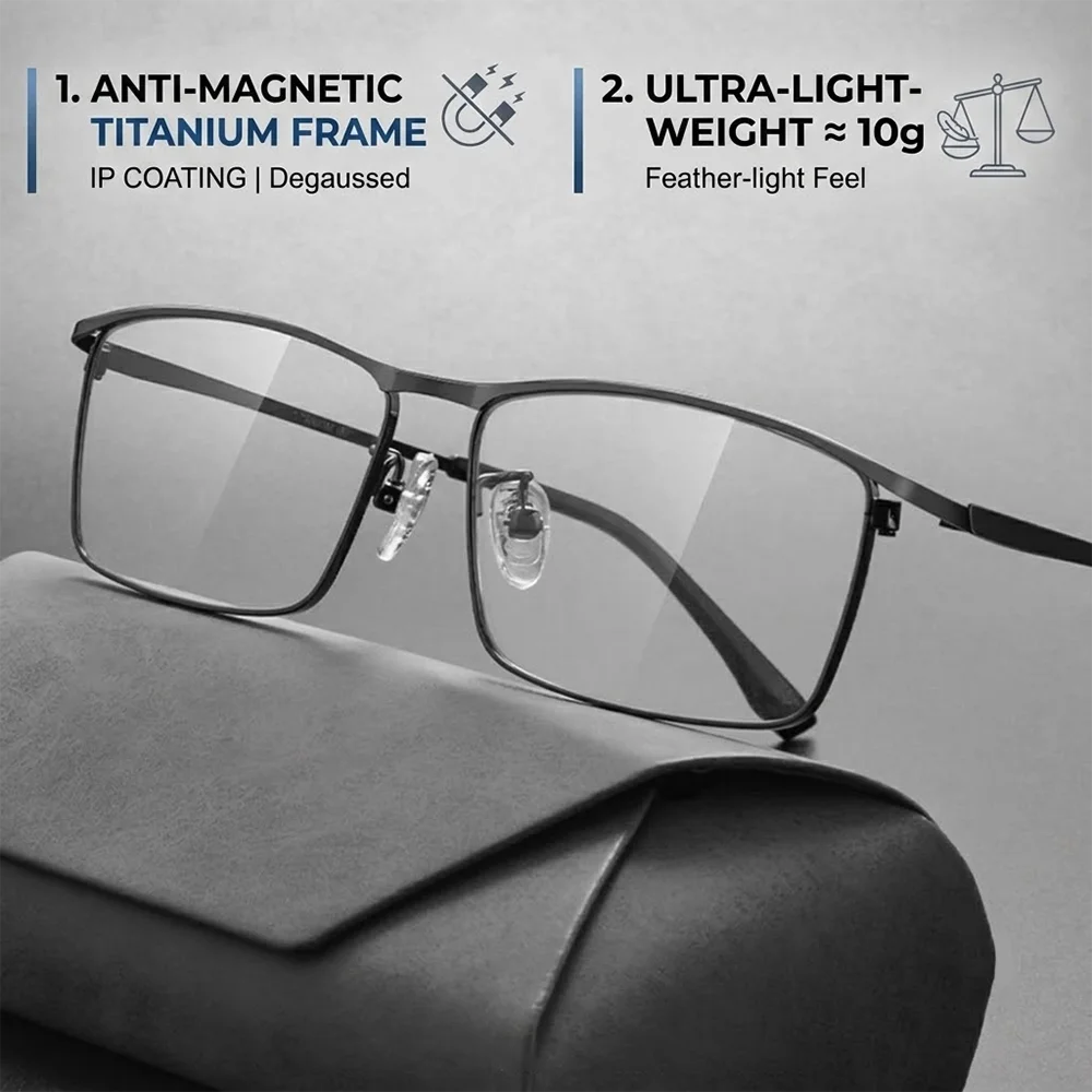Luxuriöse Business-Lesebrille aus Titan für Herren, 10 g, ultraleicht, entmagnetisiert, quadratischer optischer Brillenrahmen, flexibel, bequem