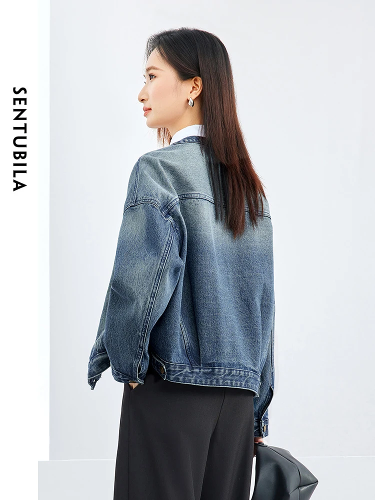 SENTUBILA Simple Round Neck Cotton 100% Cropped Jean Jacket 2024 Spring Retro Washed Straight Loose Short Denim Jacket W41W53220