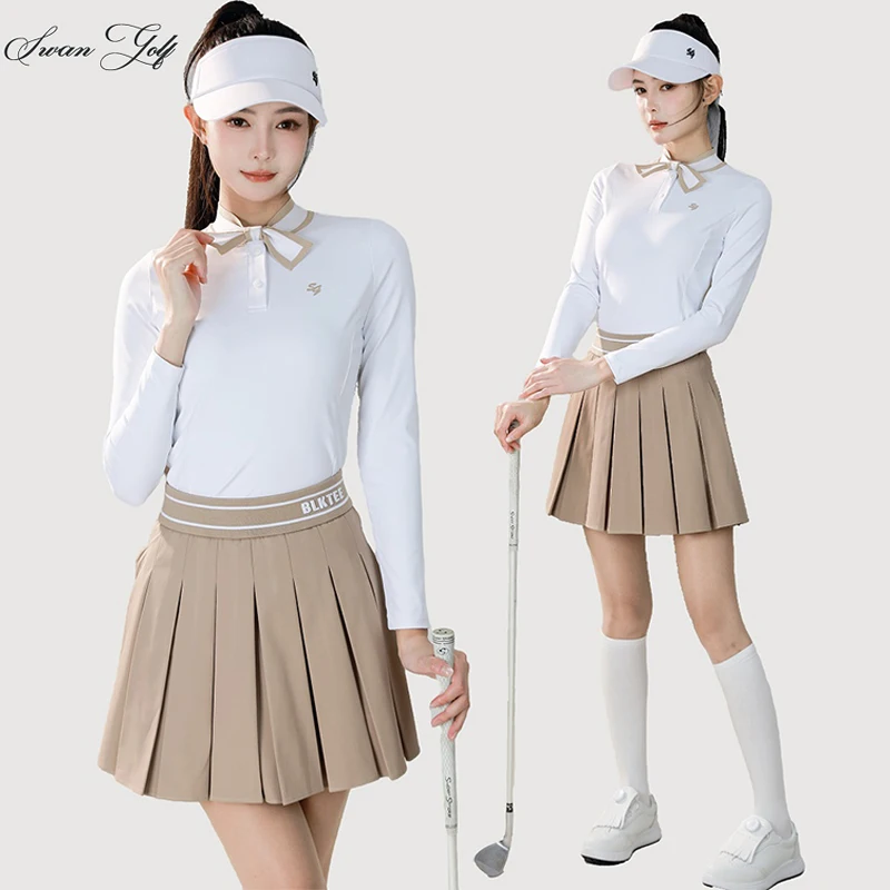 SG Golf Women's Autumn Warm T-Shirt Bowknot Collar Polo Shirt Long Sleeve Top Lady Retro Elastic Pleated Skirt High Waist Skort