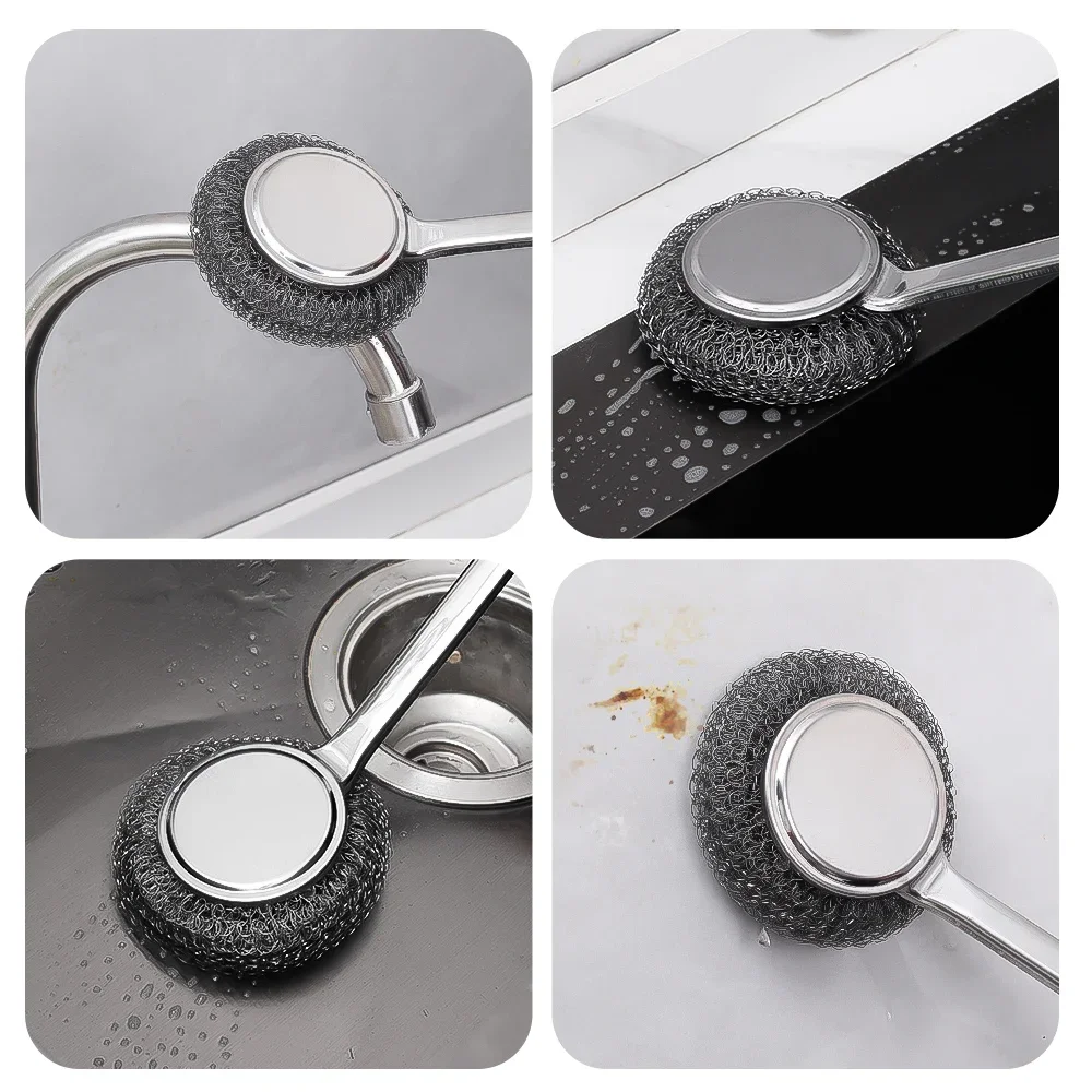 Steel Wire Ball Pot Brush Kitchen Pan Dishes Cleaning Brush Long Handle Metal Wool Scourer Strong Decontamination Cleaning Brush