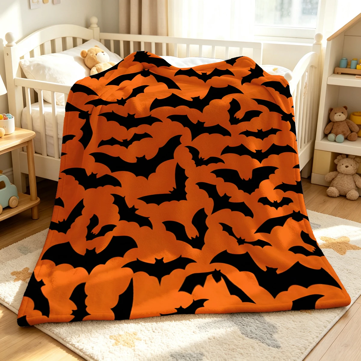 Orange Black Bat Swarm Flannel Blanket Warm Soft Halloween Christmas Decorative Couch Warm Cozy All-Season Gift