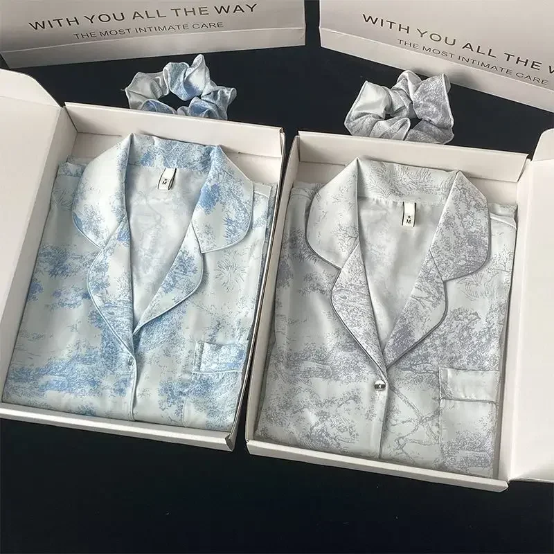 

1 комплект, новый женский пижамный кардиган из ледяного шелка с лацканами и пуговицами, наряды для женщин, модный комплект с принтом, одежда для женщин