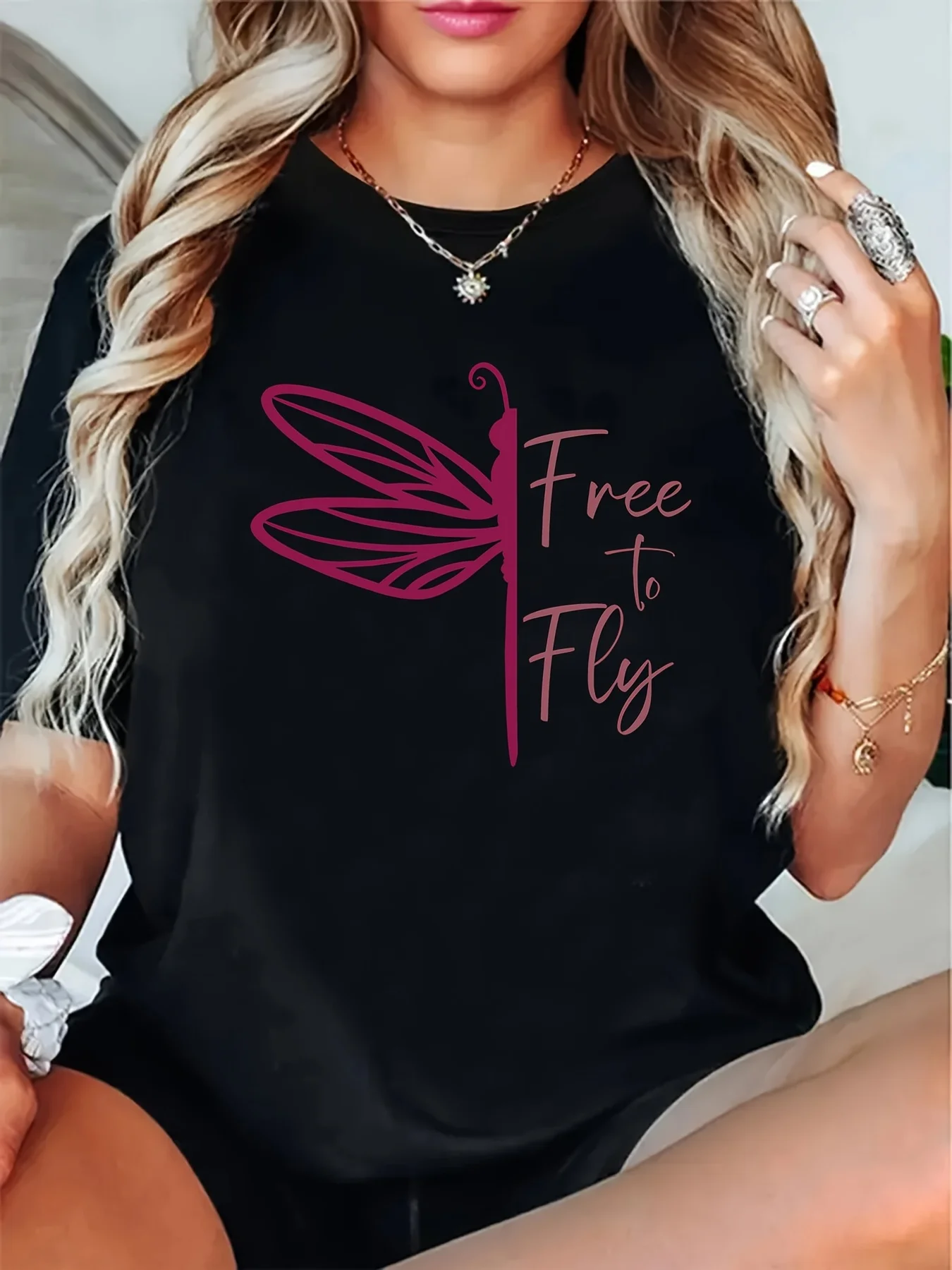 

New popular dragonfly print summer short sleeved round neck Harajuku street fashion women's T-shirt