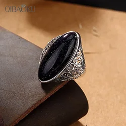 Anillos de plata de ley 925 para mujer, joyería fina Vintage, Aventurina azul turquesa, anillo de dedo ahuecado, regalo elegante