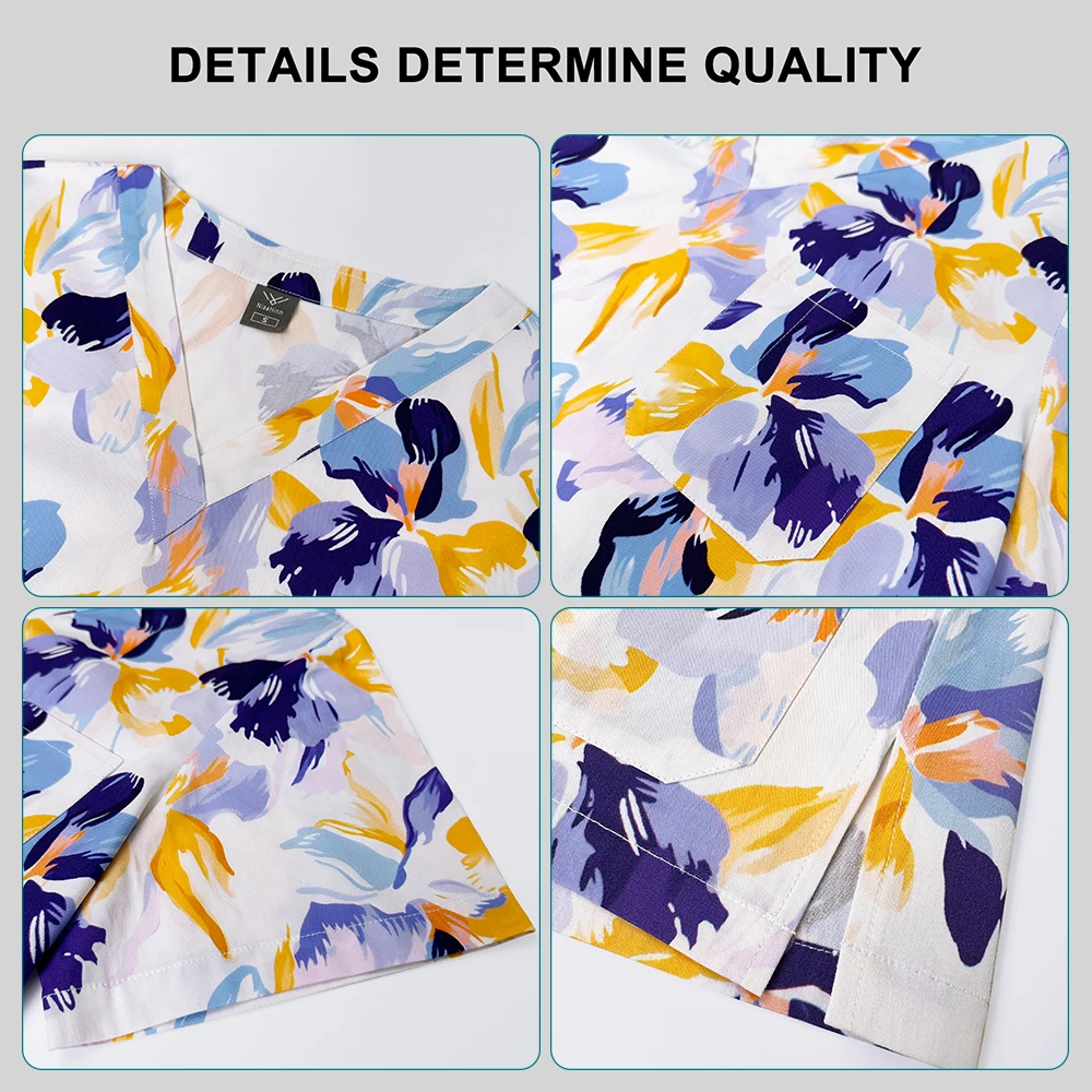 Fashion Print Doctor Uniforms Medical Nursing Scrubs Uniform Clinic Scrub Sets Short Sleeve Tops Pants Sets 100% Cotton Workwear