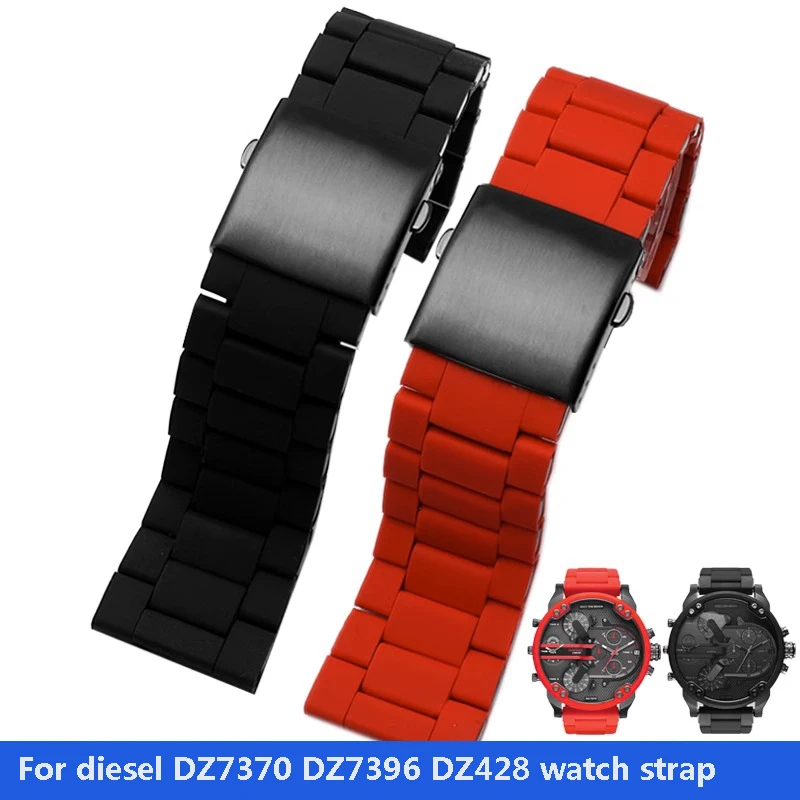 Rubber Coated Steel Watch Band Mens Waterproof For Diesel DZ7370 DZ7396 DZ4289 Watch Strap Bracelet  28mm