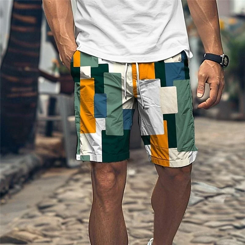 3D Print Colorful Geometry Short Pants For Men Coconut Tree Pattern Swim Trunk Casual Swim Beach Shorts Sports Surf Board Shorts