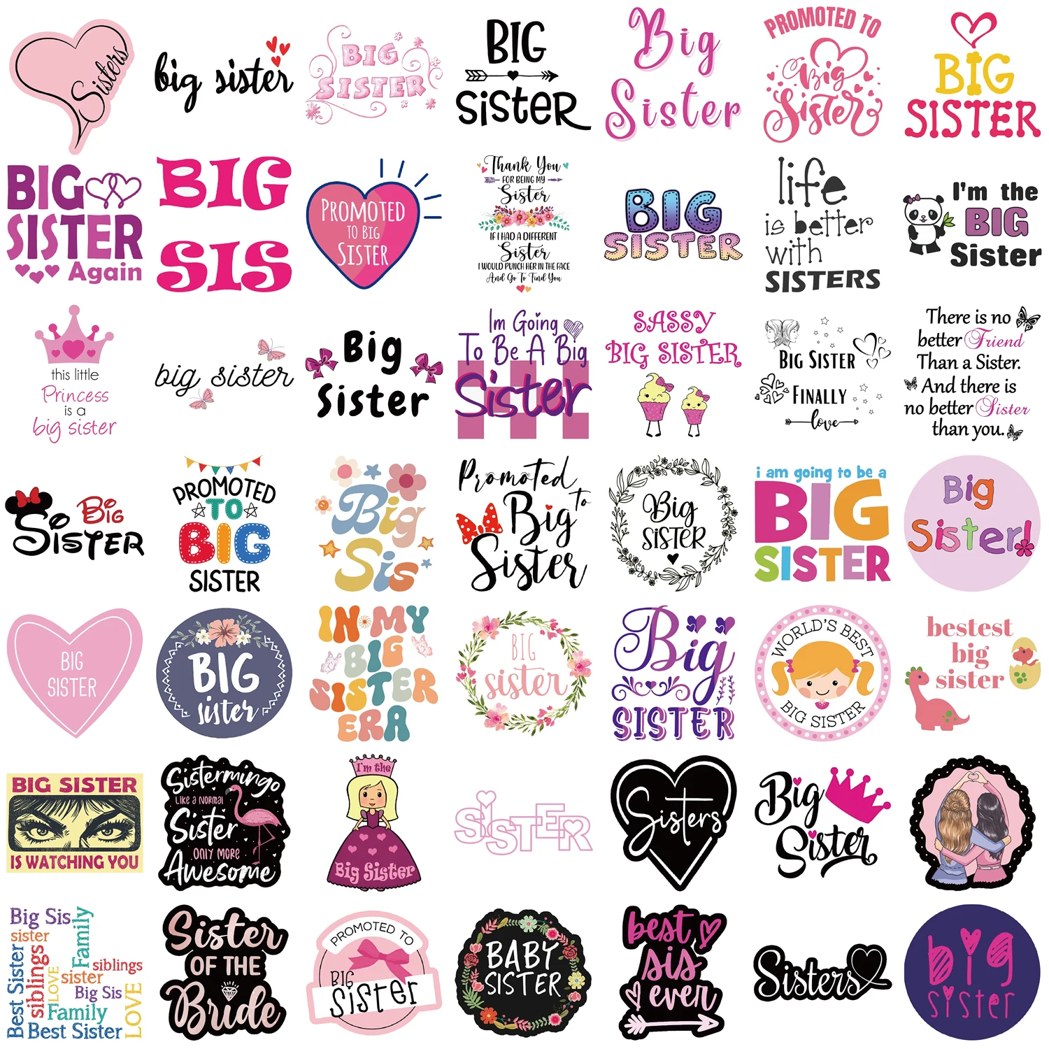 50 ชิ้น Big Sister สติกเกอร์ Graffiti ไวนิลสติกเกอร์สติ๊กเกอร์แบบใช้ซ้ําได้สําหรับแล็ปท็อปขวดน้ํากระเป๋าเดินทางที่มีสีสันการออกแบบสนุก