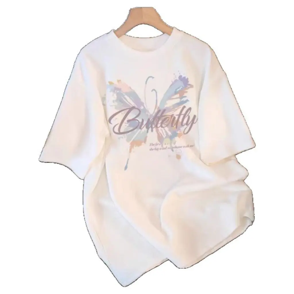 

Women's American Retro White Cotton Short-Sleeved T-Shirt Loose plus Size Top for Summer