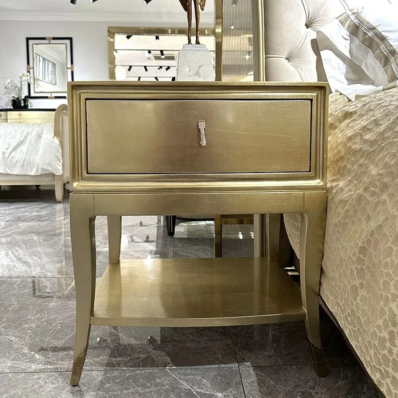 Stainless steel wooden bedside table luxury French antique bedroom, furniture shining star family apartment bedside table